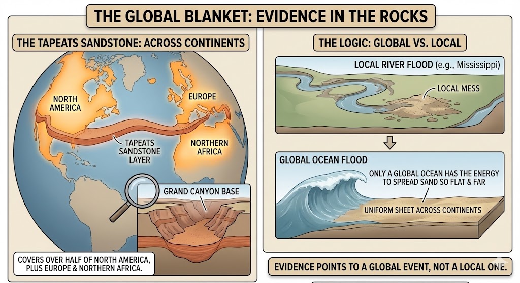 Geological illustration of widespread sedimentary layers across continents, evidence for the global flood